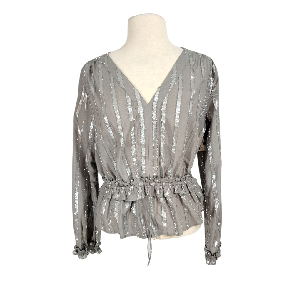 NWT Current Air Silver Grey Matallic Striped Peplum Top